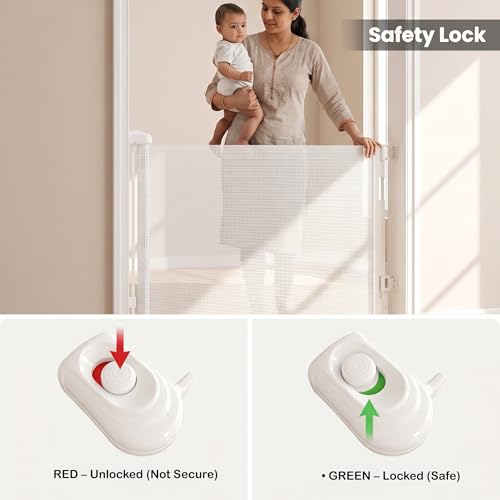 Image of A Baby Cherry - Baby Saftey Gate Retractable | Stairs & Pet Safety | Wide Mesh Gate 33 inch Tall | Expandable 55 inch | Indoor /Outdoor, Childproof Auto Lock (White)