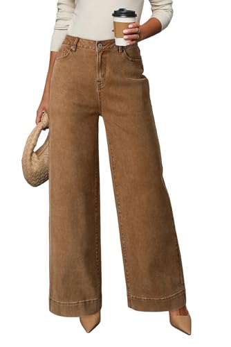 Dokotoo Women Casual Jeans for Women High Waist Wide Leg Loose Stretch Denim Pants Light French Beige Size 14