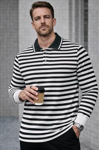 Image of Mack Jonney Men's Premium Striped Polo T-Shirt | Long Sleeve Cotton Blend | Casual & Smart Wear-M6721
