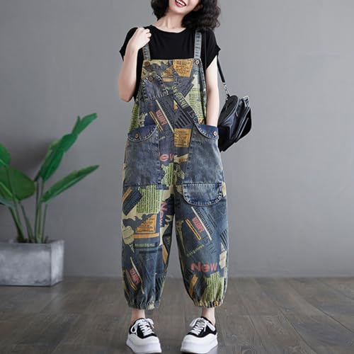 JRPNMOIYUA Macacão Jeans Feminino Solto Casual com Fundo Elástico Calça Harém Estampada Vintage com