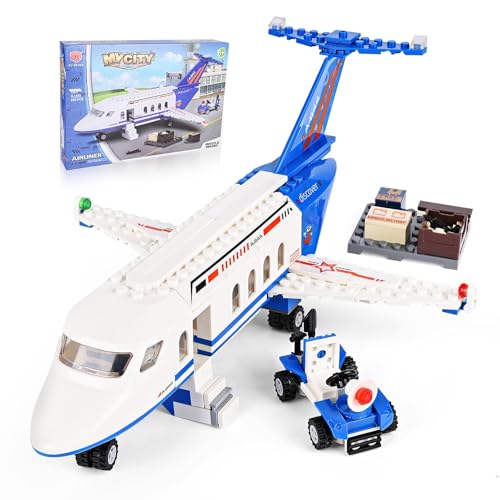 Blumacht Set de Construcción de Avión de Pasajeros, Modelo de Avión con Carro de Equipaje, Juguete de Bloques de Construcción, Regalos de Modelo de Avión para Niños y Niñas de 6 a 10 Años