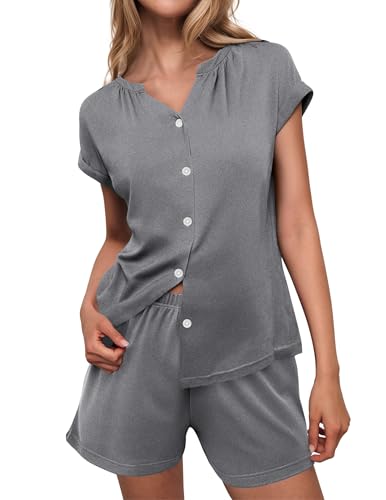 Ekouaer Pajamas for Women Set Button Up Pj Sets Soft V Neck Short Sleeve Sleepwear 2 Piece Loungewear Middle Grey M