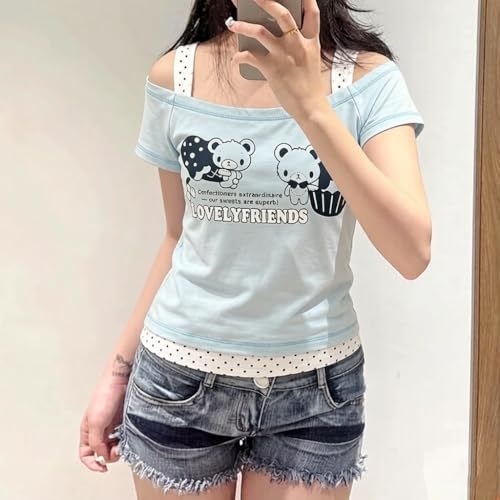 Image of Kawaii Cutecore Harajuku Y2k 2000s Tops Summer Preppy Aesthetic Alt Goth Emo Short Sleeve Graphic Tees