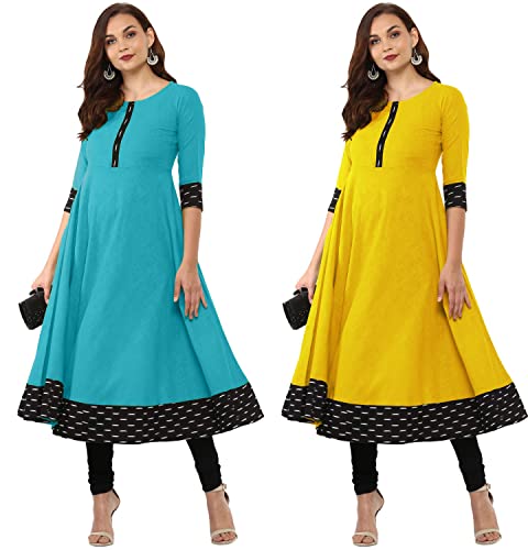 Image of NATEK Cotton Anarkali Printed Border Kurtis for Women Combo Pack of 2