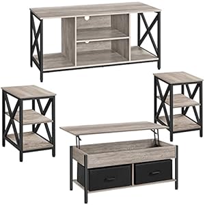 Yaheetech 4-Piece Living Room Furniture Sets for Home and Office, Includes 2Pcs 3 Tier Sofa Side End Table, 41.5 Inch Lift Top Coffee Table and 60 Inch TV Stand, Easy Assembly Accent Furniture, Gray