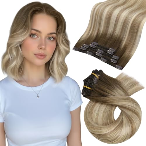 Image of Moresoo Balayage Clip in Hair Extensions Brown to Blonde for Short Hair | Remy human hair clip ins, ombre dark mocha to light brown with light blonde, 10 inch 80g 5pcs for fine hair