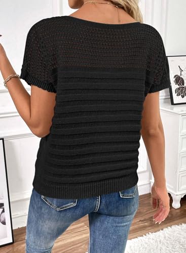 Image of SHEWIN Womens Sweaters Crew Neck Short Sleeve Shirts Summer Tops Knit Hollow Out T Shirts Sweater Blouses