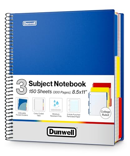 Image of Dunwell 3-Subject Spiral Notebook College Ruled 8.5x11 (Blue), 150 Sheets (300 Pages), Tabs, Colorful Movable Divider Pockets Fit 8.5 x 11 Content, Front /Back Plastic Covers, 3-Hole Perforated Pages