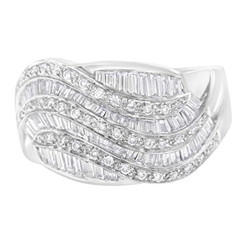 14K White Gold 1.0 Cttw Round-Brilliant & Baguette Cut Diamond Wavy Serpentine Fashion Ring (G-H Color, VS2-SI1 Clarity) - Size 7