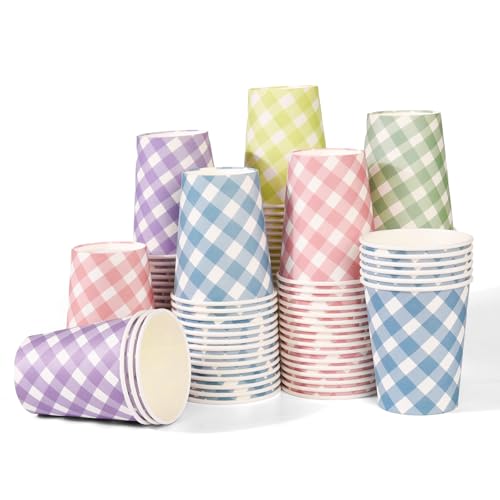 Oppeeye 100pcs 9 oz gingham party Paper cups 5 Colors Disposable Plaid Paper Checkered Cups for Wedding Birthday Party Travel Baby Shower Picnic