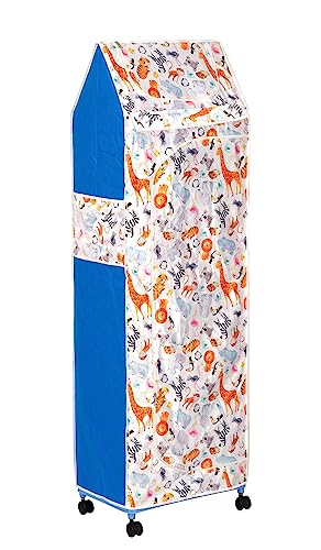 Image of HYSEYY Baby Wardrobe Plastic Kids Storage Rack with Fabric Cover & Wheels | 6-Tier Plastic Shelves Organizer | Toy, Book & Clothes Storage Cabinet for Kids Room (Animal Pattern)