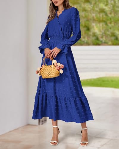 BTFBM Women Fall Maxi Dresses 2025 Long Sleeve V Neck Swiss Dots High Waisted A-Line Ruffle Boho Long Dress Vacation(Royal Blue,Medium) — view 4