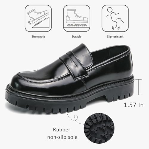 Men's Leather Platform Slip-On Loafers Classic Round Toe Chunky Heel Comfortable Anti-Slip Lug Sole Slip-On Penny Loafers for Wedding Business Dressy Driving Casual3