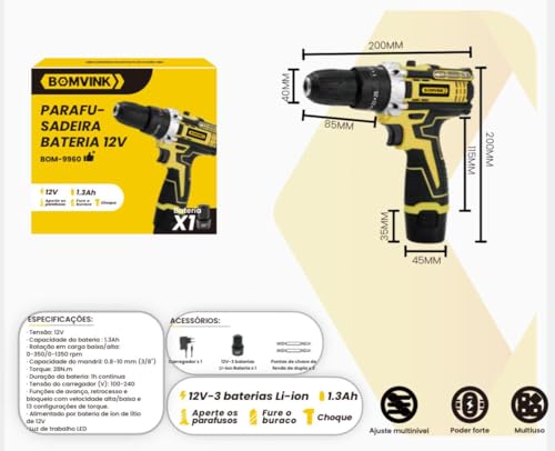 Parafusadeira Furadeira a Bateria 12V com Empunhadura Emborrachada, Bateria Recarregável e Carregado