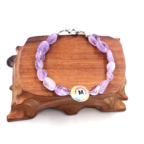 Image of Uloveido Purple Natural Stone and Austrian Crystal Letter Bracelet, Personalized Initial Jewelry for Women A-Z 26 Letters
