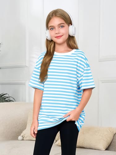 Image of Haloumoning Girls Striped Short Sleeve T Shirts Kids Summer Oversized Tops Casual Crewneck Tees 5-14 Years