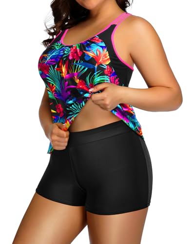 Image of Womens Plus Size Tankini Swimsuit Two Piece Tummy Control Bathing Suit | Blouson Racerback Tankini Top with Shorts, Double Up Design, Removable Pad