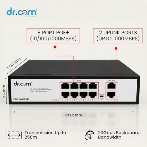 Image of dr.com 10 Port Gigabit PoE Switch with 8 PoE Ports and 2 Uplink Ports 10 /100 /1000 Mbps 120W Power IEEE 802.3af /at for CCTV IP Camera Network Switch Plug and Play Metal Body Black