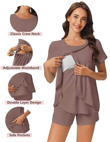 Image of Ekouaer 3 PCS Maternity Nursing Pajamas Set Postpartum Breastfeeding Short Sleeve Shirts, Pregnancy Shorts & Pants Pjs S-XXL