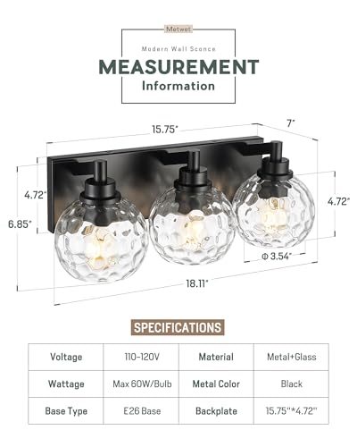 Image of Bathroom Light Fixtures Over Mirror, 3-Light Matte Black Vanity Light with Clear Hammered Glass Globe Shade, Modern Sconces Wall Lighting for Bedroom Hallway, VL200-MB-3