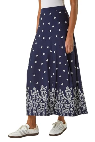 Roman Jersey Skirt for Women UK - Ladies Midi Maxi Floral Animal Print Autumn Winter Swing Smart Casual Office Cocktail Party Going Out Evening Holiday Cruise - Floral Navy - Size 12