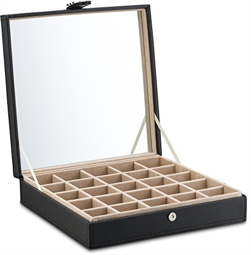 Glenor Co Earring Organizer - Classic 25 Section Jewelry Box/Case/Holder For Earrings, Rings, Necklaces, Jewelry, Cufflinks Or Collections. 25 Small Compartments With Elegant Large Mirror - Black #TOP5