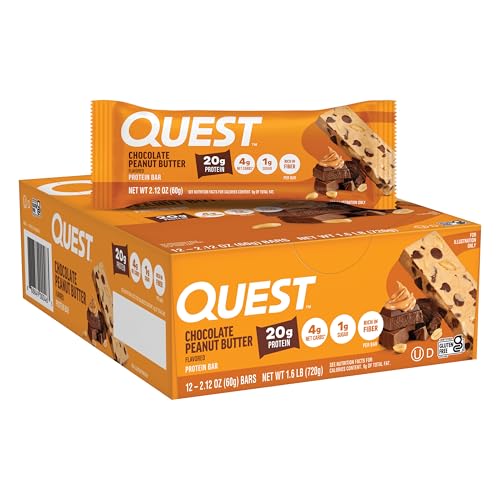 Quest Nutrition Chocolate Peanut Butter Bars, 20g Protein, 1g Sugar, 4g Net Carb, Gluten Free, Keto Friendly, 12 Count
