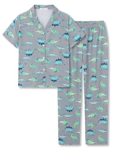 Tebbis Boys 2-Piece Pajamas - Grey Stylish Dinosaur Print Short Sleeve Notch Collar Button Soft PJs Size 8
