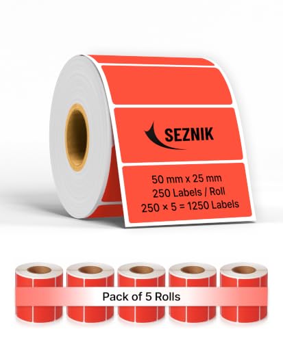 Image of SEZNIK Waterproof, Non-Tearable, Long Lasting Print, Sticky Thermal Lables, Label Roll, 2 inch Adhesive Thermal Labels for Label Printers (50mmx25mm) - 1250 Lables, Red