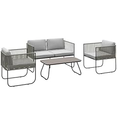 Outsunny Set di Mobili da Giardino in Rattan 4 Pezzi, Salotto da Esterno con Divanetto 2 Posti, 2 Poltrone, Tavolo da Caffè in Vetro e Cuscini Lavabili, Set Giardino Esterno in Acciaio, Grigio Chiaro