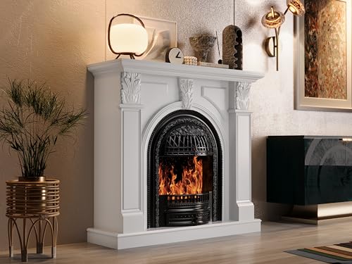 Image of BLANKSPACE 48'' Electric Fireplace with Mantel, Tv Stand with Fire Place Heater and Carved Square Column Design Design for Living Room, 48 Inch Brown Birdcage Fireplace, Black