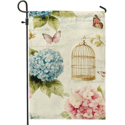 Drapeau de jardin floral printemps été, hortensia bleu, décoration d'intérieur, bannière de jardin, drapeau de cour double face en toile de jute, décoration de pelouse extérieure, 30,5 x 45,7 cm