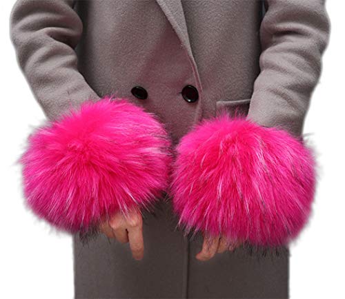 Tngan Winter Faux Fur Arm Warmers Short Furry Wrist Band Ring Cuff for Women Rose Red