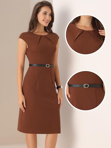 Image of Allegra K Business Dress for Women's Work Elegant 2026 Cap Sleeve Belted Office Sheath Dresses