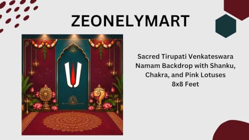 Image of Govinda namalu Backdrop| Tirupati Venkateswara Namam Backdrop with Shanku, Chakra, and Pink Lotuses 8x8 Feet | varamahalakshmi Backdrop