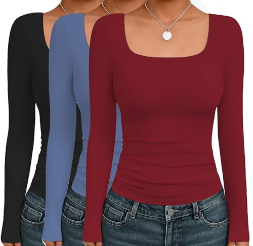 Ekouaer Womens 3 Pack Long Sleeve Shirts Square Neck Basic Tops Fitted Tee Thermal Undershirts XS-XXL
