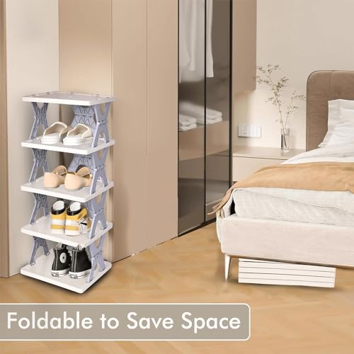 Image of Zureni Stackable Shoe Rack 5-Tier Foldable and Adjustable Footwear Organizer Portable & Expandable Storage Shelf for Home Slippers & Sandals (Pack of 1, White)