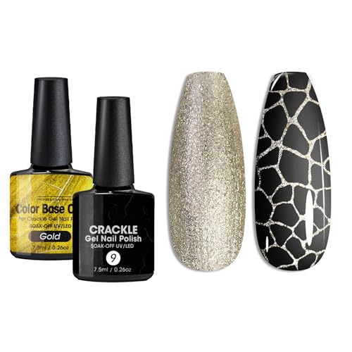 U-Shinein Crackle Gel Nail Polish, Magic Black Crackle Gel Polish and Gold Base Color Gel, Amazing Crackle Effect Patterned Nail, Long-lasting & Cool Crackle Air Dry UV LED Lamp Needed Nail Polish