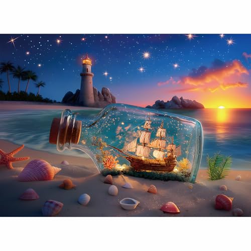Puzzles for Adults 500 Pieces, Lighthouse Jigsaw Puzzles - Bottle of Stars, Impossible Beach Sailboat Puzzle for Seniors Families, 20.47x14.96 Inches,...