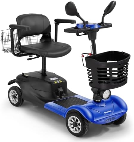 WheelWavi 4-Wheel Mobility Scooter for Adults & Seniors - Heavy-Duty Compact Travel Scooter with Long-Lasting Battery, LED Lights, Basket & Portable Design (Blue)
