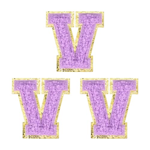 MECCANIXITY 2" Chenille Iron on Letter Patches Purple Letter V 3pcs