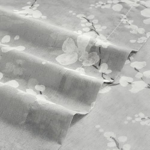 Image of FMFUNCTEX Linen Sheer Blossom Floral Print Curtains Grey 63 Inch 2 Panels | Rod Pocket Rustic Drapes, Farmhouse Flower Patterned Window Curtain, Light Filtering Privacy for Living Room and Bedroom