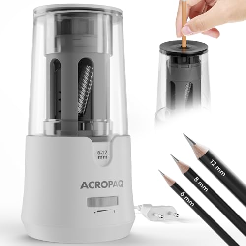 ACROPAQ Elektrischer Anspitzer für Dicke und Dünne Stifte - Für 6-12 mm Bleistifte, Scharf und Stumpfe Spitze, Spitzt in 3–5 Sekunden, Plug-In, Weiß - Elektrischer Spitzer, Spitzer Elektrisch