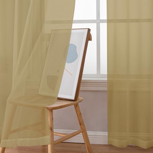 Image of OWENIE Gold Sheer Curtains 84 Inch Length 2 Panels Set, Light Filtering Voile Fimly Sheer Drapes for Living Room /Bedroom, 2pcs, Gold Solid Rod Pocket Sheer Curtains, Each 42 inch W x 84 inch L
