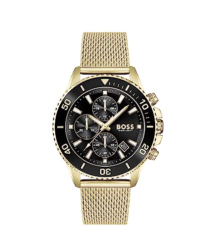 BOSS Chronograph Quarz Uhr für Herren Kollektion Admiral mit Goldfarben Edelstahl-Mesh-Gliederarmband - 1513906