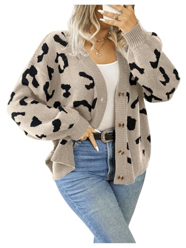 Image of Verdusa Women's Plus Size Cardigan Sweaters Open Front Button Down Leopard Cardigan Long Sleeve Oversize Winter Outfit Apricot Large Plus