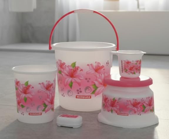 Image of MODWARE Floral Bathroom Set, 5 Pieces, Polypropylene, 20 L Bucket with Mug, Soap Case, Open Dustbin, Stool (Pink)