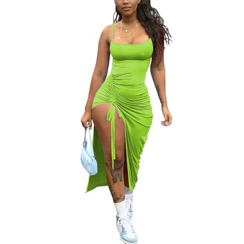 Image of Nimsruc Womens Sexy Summer Dresses Spaghetti Strap Thigh-high Slit Ruched Bodycon Maxi Club Cocktail Party Dress
