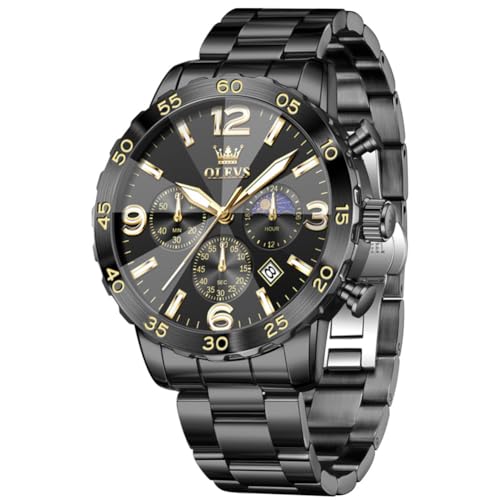 Image of OLEVS Men's Watches Luxury Chronograph Waterproof Dress Business Quartz Analog Stainless Steel Multifunction Fashion Watches with Date, Sun-noon Phase Big Dial 44mm, Luminous Hands Scales