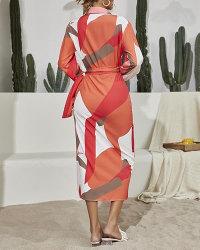 CHICME Women's Long Sleeve Midi Dress 2025 Casual Wrap Tied Detail Shirt Dresses Floral Print Fall Boho Long Dress2